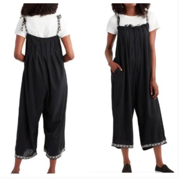 NWOT World Market Black Boho Embroidered Tie Strap Wide Leg Crop Jumpsuit - Picture 1 of 5